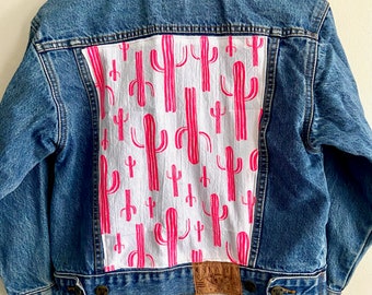 One of a Kind Upcycled KIDS Jean Jacket with Hand Printed Hot Pink Saguaro Cactus Cotton