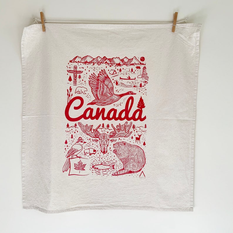 Hand Printed Tea Towel Organic Cotton Floursack Original Canada Red Design Large Kitchen Towel Eco Screen Printed 画像 4