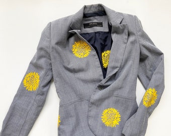 One of a Kind Upcycled Reworked Eco Suit Jacket with Yellow Hand Printed Flower Design