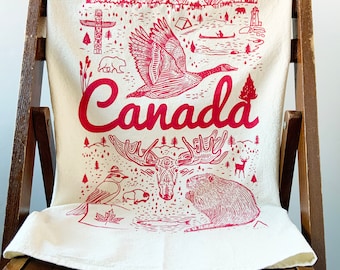 Hand Printed Tea Towel | Organic Cotton Floursack | Original Canada Red Design | Large Kitchen Towel | Eco Screen Printed
