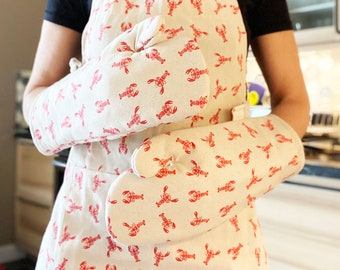 Apron and Oven Mitt Set | Unisex | Dancing Lobsters Pattern | Natural Cotton Canvas