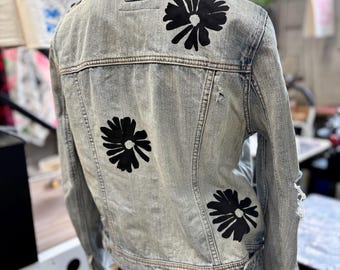 One of a Kind Upcycled Eco Denim Jacket with Hand Screen Printed Florals