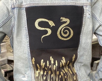 One of a Kind Upcycled Reworked Eco Denim Jacket with Hand Printed Gold Snakes and Wheat Back Inlay