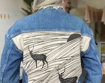 One of a Kind Upcycled Reworked Eco Denim Jacket with Cotton Hand Printed Elk Print Design