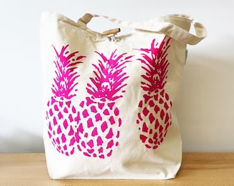 RECYCLED Cotton Canvas Tote Bag | Eco Hand Printed | Pink Pineapple Art | Every Day Tote with Loop