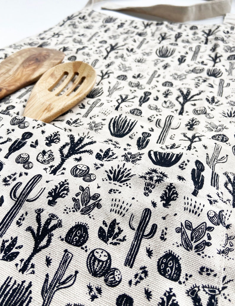 Cotton Canvas Apron Eco Friendly Hand Printed Unisex Desert Cactus Pattern image 3