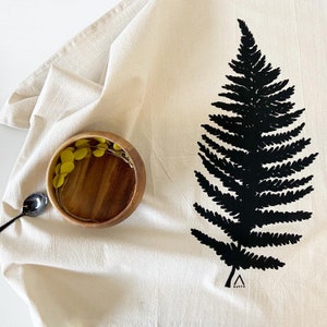 Hand Printed Tea Towel Organic Cotton Floursack Original Large Black Fern Design Large Kitchen Towel Eco Screen Printed image 2