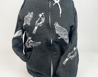 Zip Hoodie | Birds White on Grey | Hand Printed | Unisex Fit Soft