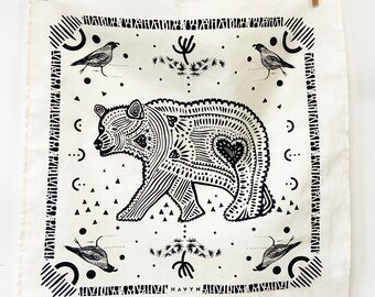 Bear and Bird Bandana | 100% Cotton | Hand Screen Printed | 22 x22 inches | All-Over Print Bandana