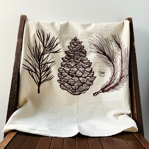 Hand Printed Tea Towel Organic Cotton Floursack Pine and Cone Forest Brown Large Kitchen Towel Eco Screen Printed image 4
