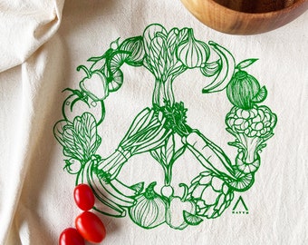 Hand Printed Tea Towel | Organic Cotton Floursack | Original Green Peace Veggies Design | 20x24 Kitchen Towel | Eco Screen Printed