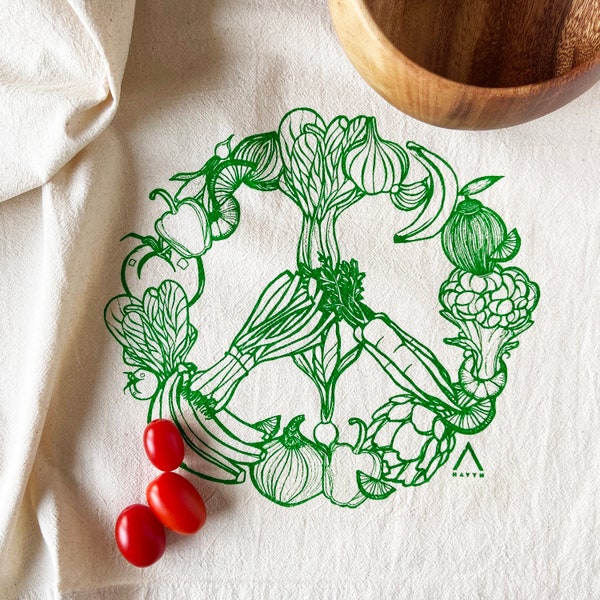 Hand Printed Tea Towel | Organic Cotton Floursack | Original Green Peace Veggies Design | 20x24 Kitchen Towel | Eco Screen Printed