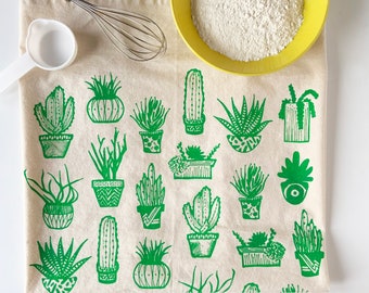 Green Succulents Screen Printed Tea Towel Cotton Flour Sack