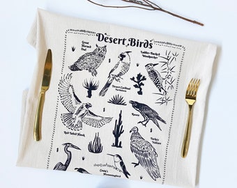 Hand Printed Tea Towel | Organic Cotton Floursack | Original Desert Birds Design | 20x24 Kitchen Towel | Eco Screen Printed