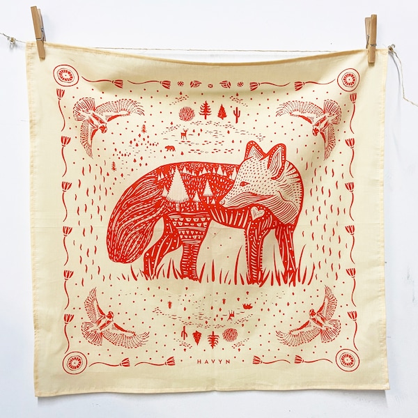 Fox Bandana | 100% Cotton | Hand Screen Printed | 22 x22 inches | All-Over Print Bandana