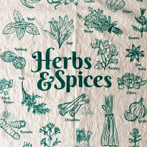 Torchon imprimé à la main Sac de farine en coton biologique Herbes et épices Design vert Serviette de cuisine 20x24 Sérigraphie écologique image 6