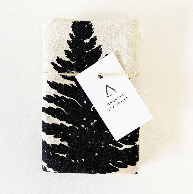 Hand Printed Tea Towel Organic Cotton Floursack Original Large Black Fern Design Large Kitchen Towel Eco Screen Printed zdjęcie 6