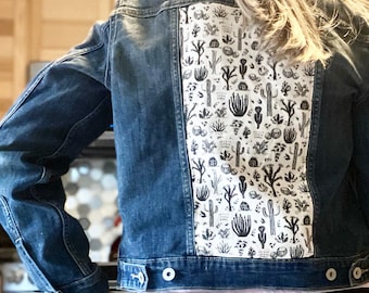 One of a Kind Upcycled Reworked Eco Denim Jacket with Desert Cactus Back Inlay