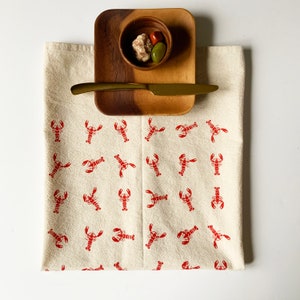 Hand Printed Tea Towel | Organic Cotton Floursack | Original Dancing Red Lobsters Design | 20x24 Kitchen Towel | Eco Screen Printed