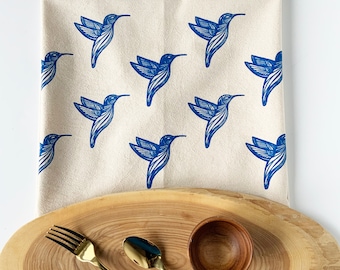 Hand Printed Tea Towel | Organic Cotton Floursack | Original Blue Hummingbirds Design | Large Kitchen Towel | Eco Screen Printed