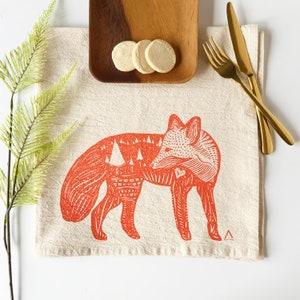 Hand Printed Tea Towel | Organic Cotton Floursack | Original Orange Fox Design | 20x24 Kitchen Towel | Eco Screen Printed