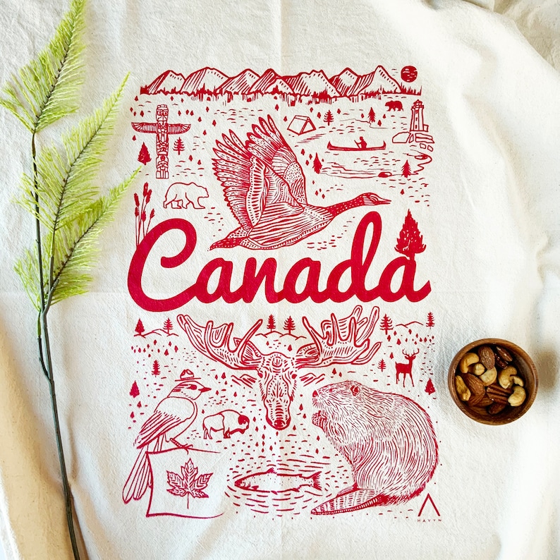 Hand Printed Tea Towel Organic Cotton Floursack Original Canada Red Design Large Kitchen Towel Eco Screen Printed 画像 2