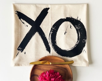 Hand Printed Tea Towel | Organic Cotton Floursack | Original Black XO Design | Large Kitchen Towel | Eco Screen Printed