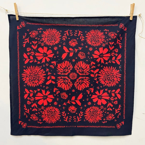 Red Flowers Pattern Bandana | 100% Cotton | Hand Screen Printed | 22 x22 inches | All-Over Print Bandana
