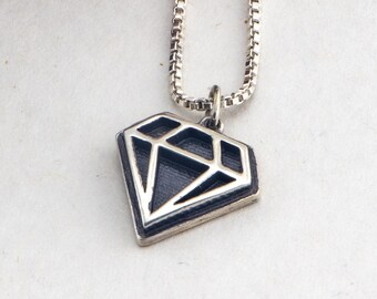 Diamond Shaped Pendant Necklace – Geometric pendant on a sterling silver box chain – Oxidized silver triangle necklace