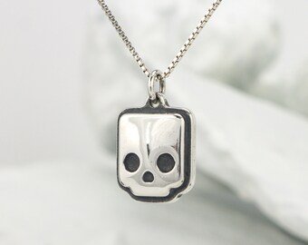 Collar con colgante de calavera cuadrada – Collar geométrico de calavera en cadena de plata de ley – Collar de calavera de plata de ley