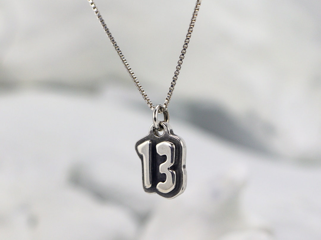 13 Chain Lucky 13 Necklace, Chunky Sterling Silver Pendant With Polished and ...