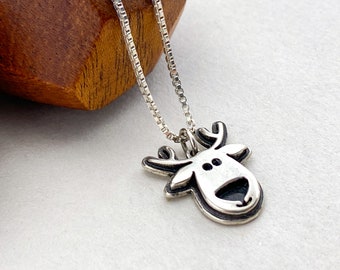 Collar navideño de reno, colgante de plata oxidada, joyería navideña con motivos de animales