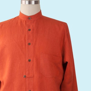 Look Relaxed in The David a Handmade Shirt. Hemp Cotton in Burnt Orange features Band Collar. Great Gift for the Man in Your Life, Vacation. image 1