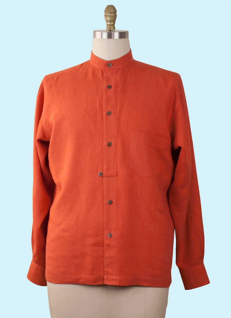 Look Relaxed in The David a Handmade Shirt. Hemp Cotton in Burnt Orange features Band Collar. Great Gift for the Man in Your Life, Vacation. image 1