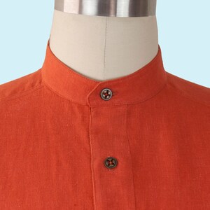 Look Relaxed in The David a Handmade Shirt. Hemp Cotton in Burnt Orange features Band Collar. Great Gift for the Man in Your Life, Vacation. image 4