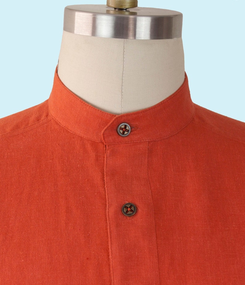 Look Relaxed in The David a Handmade Shirt. Hemp Cotton in Burnt Orange features Band Collar. Great Gift for the Man in Your Life, Vacation. image 4