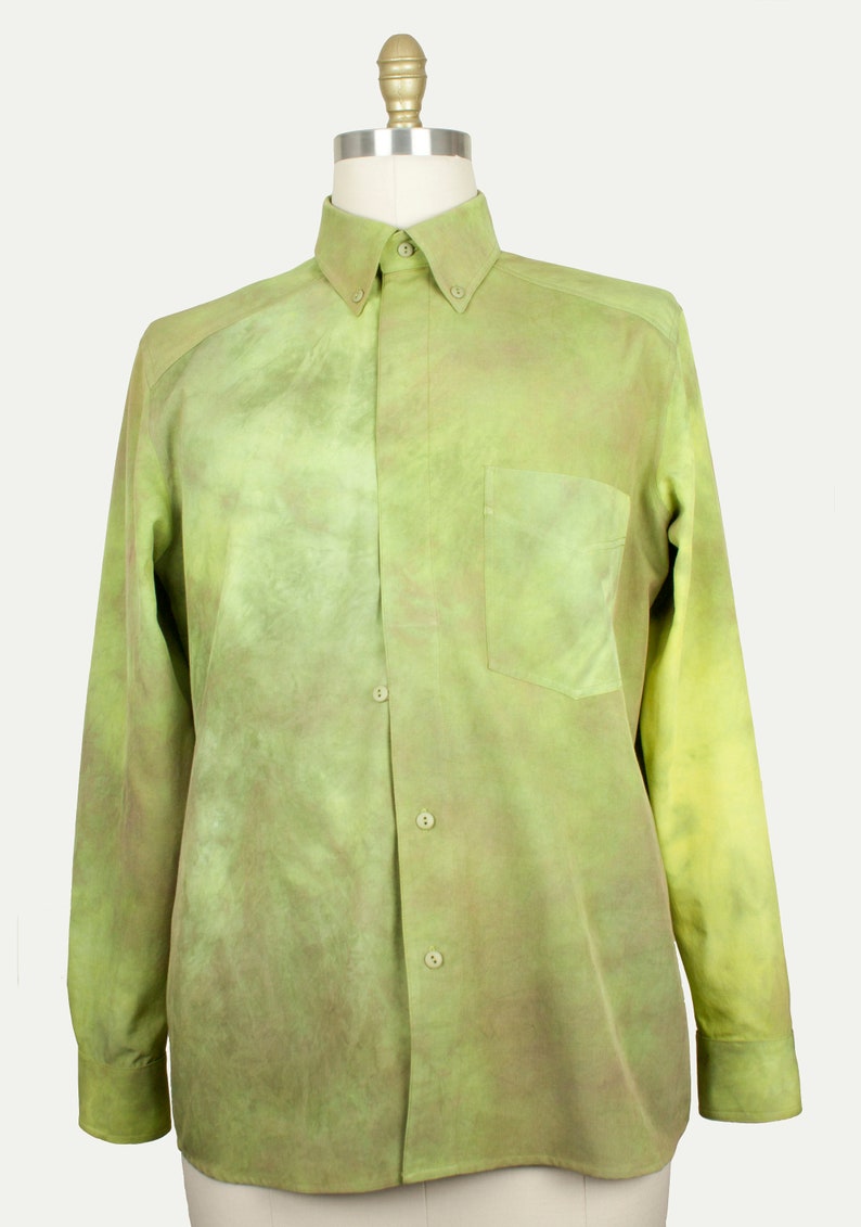 Turn Heads in this Wearable Art Mens Shirt. Dyed Silk Cotton, Partially Hidden Button Placket. Perfect for Husband, Anniversary, Birthday. image 1