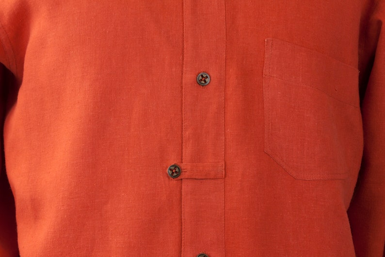 Look Relaxed in The David a Handmade Shirt. Hemp Cotton in Burnt Orange features Band Collar. Great Gift for the Man in Your Life, Vacation. image 6