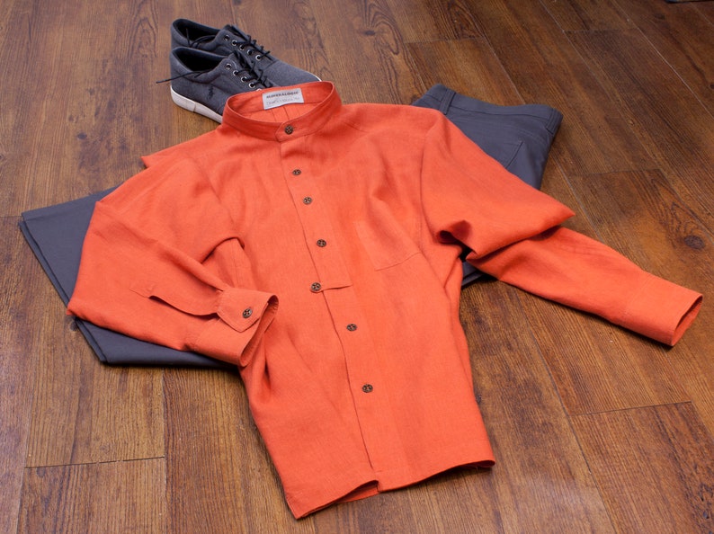 Look Relaxed in The David a Handmade Shirt. Hemp Cotton in Burnt Orange features Band Collar. Great Gift for the Man in Your Life, Vacation. image 7