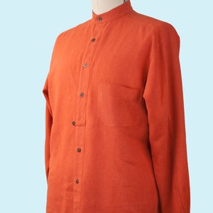 Look Relaxed in The David a Handmade Shirt. Hemp Cotton in Burnt Orange features Band Collar. Great Gift for the Man in Your Life, Vacation. image 2