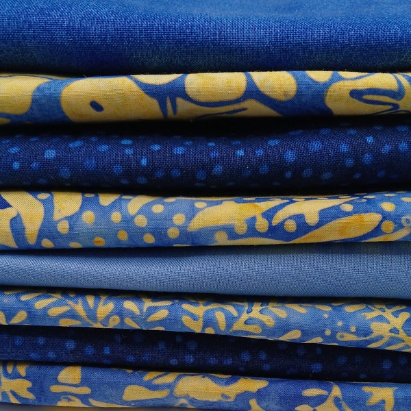 Blue & Yellow Batiks, Blue Fat Quarters, Fat Quarter Bundle, Coordinated Fat Quarters, Quilting Fabrics, Cool Blue Fabrics, Solids n Prints