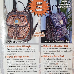 May include: The Odyssey bag offers two strap options: backpack or shoulder bag. The bag features a geometric pattern in orange, blue, and black. Purse dimensions are 8.5" x 8" x 5.5". The bag has three storage areas and is easy to embellish.