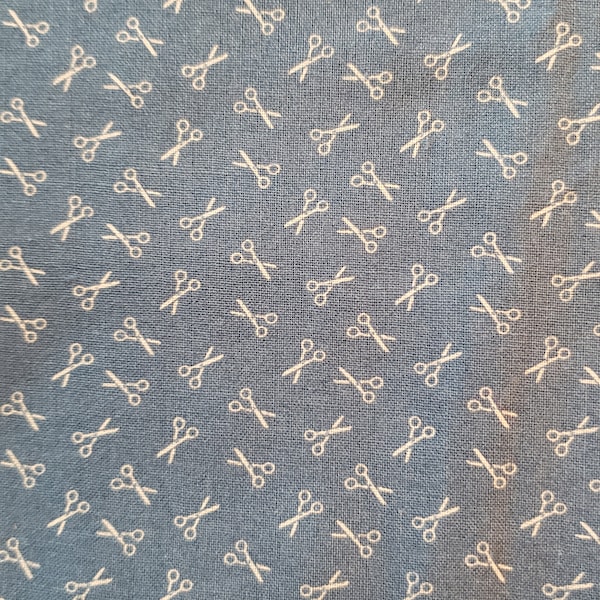Steel Blue Fabric: Tiny Scissors Print, Vintage Quilting Cotton