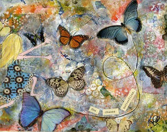 She Chases Butterflies, 8x10 print of original mixed-media collage