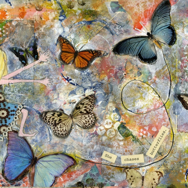 She Chases Butterflies, 8x10 print of original mixed-media collage