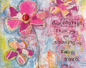 Dear Courage, 5x5 notecard of original mixed-media collage