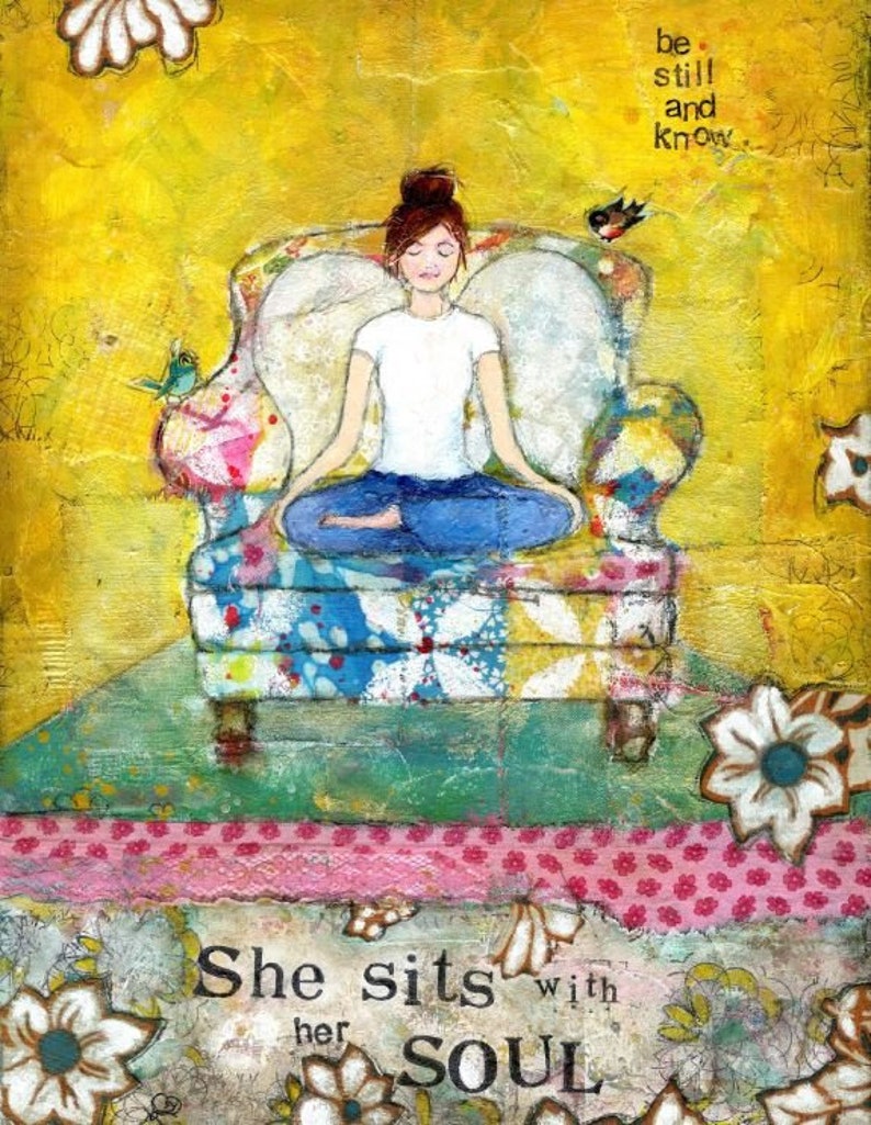 She Sits, 5x7 notecard of original mixed-media collage image 1