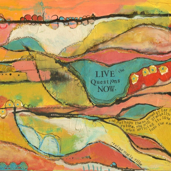 Live the Questions Now, 5x7 notecard of original mixed-media painting/collage