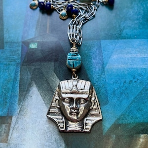 Vintage Egyptian Sphinx Pendant Necklace: Turquoise Scarab, Lapis Lazuli, Boho Jewelry