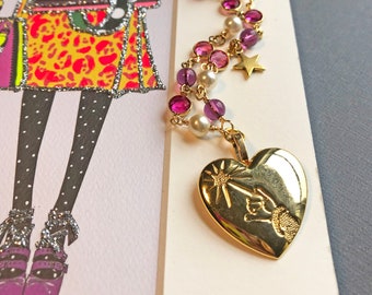 Vintage Disney Mickey Mouse Heart Pendant Necklace, Beaded Star Charm Chain